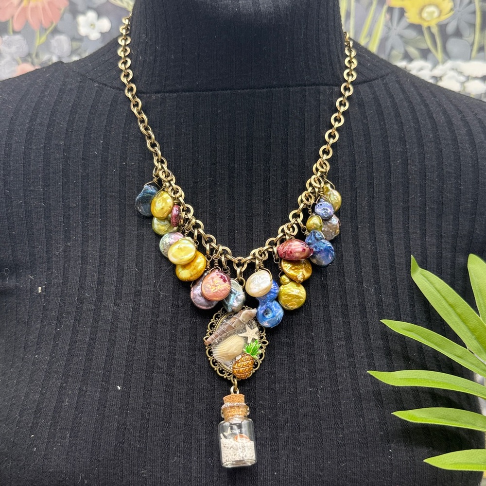 👑Adorned Crown Jewelry assemblage Pearl seascape bottle of sand shells necklace